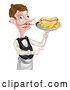 Vector Illustration of Cartoon White Male Waiter Holding a Hot Dog and French Fries on a Platter and Pointing by AtStockIllustration