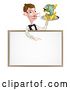 Vector Illustration of Cartoon White Male Waiter with a Curling Mustache, Holding Fish and a Chips on a Tray and Pointing down over a Menu by AtStockIllustration