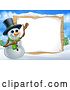 Vector Illustration of Christmas Snowman by a Blank Sign in a Winter Landscape by AtStockIllustration
