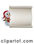 Vector Illustration of Christmas Snowman Wearing a Scarf and a Santa Hat by a Blank Scroll by AtStockIllustration