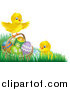 Vector Illustration of Cute Easter Chicks with a Basket and Eggs in Grass by AtStockIllustration