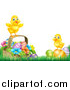 Vector Illustration of Cute Yellow Chicks on Easter Eggs and a Basket in the Grass, over White Text Space by AtStockIllustration