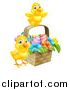 Vector Illustration of Cute Yellow Chicks with an Easter Basket of Eggs and Flowers by AtStockIllustration