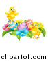 Vector Illustration of Cute Yellow Chicks with Easter Eggs and Flowers by AtStockIllustration
