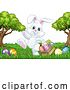 Vector Illustration of Easter Bunny Rabbit Eggs Basket Background by AtStockIllustration
