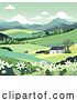 Vector Illustration of Fields Hills Flowers House Landscape Background by AtStockIllustration