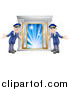 Vector Illustration of Friendly Door Men Holding Open VIP Doors to Lights by AtStockIllustration