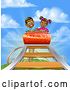 Vector Illustration of Happy Cartoon Black Boy and Girl at the Top of a Roller Coaster Ride, Against a Blue Sky with Clouds by AtStockIllustration