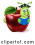 Vector Illustration of Happy Cartoon Green Graduate Book Worm Reading in a Red Apple by AtStockIllustration