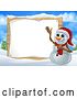 Vector Illustration of Happy Cartoon Snowman Wearing a Christmas Santa Hat by a Blank Sign in a Winter Landscape by AtStockIllustration