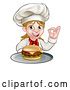 Vector Illustration of Happy Cartoon White Female Chef Gesturing Perfect and Holding a Cheese Burger on a Tray by AtStockIllustration