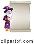 Vector Illustration of Happy Cartoon Wizard Pointing Around a Scroll Sign by AtStockIllustration