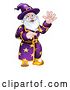 Vector Illustration of Happy Cartoon Wizard Waving and Pointing by AtStockIllustration