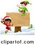 Vector Illustration of Happy Christmas Elves Jumping by and Sitting on a Sign by AtStockIllustration
