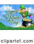 Vector Illustration of Happy St Patricks Day Greeting by a Leprechaun Jumping over a Pot of Gold at the End of a Rainbow by AtStockIllustration