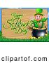 Vector Illustration of Happy St Patricks Day Greeting on a Wood Sign by a Leprechaun Sitting on a Pot of Gold by AtStockIllustration