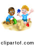 Vector Illustration of Happy White and Black Boys Playing and Making a Sand Castle on a Beach by AtStockIllustration