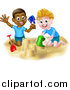 Vector Illustration of Happy White and Black Boys Playing and Making Sand Castles on a Beach by AtStockIllustration