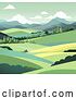 Vector Illustration of Landscape Background Hills Mountains Fields Trees by AtStockIllustration