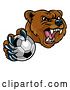 Vector Illustration of Mad Cartoon Grizzly Bear Mascot Holding out a Soccer Ball in a Clawed Paw by AtStockIllustration