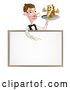 Vector Illustration of Male Waiter Holding a Kebab Sandwich Character on a Tray, Pointing down over a Blank Sign by AtStockIllustration