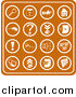 Vector Illustration of Orange Web Icons Including a Magnifying Glass, Disc, Pointer, Home, Computer Mouse, Question Mark, Key, Exclamation Point, Padlock, Speaker, Www, Screen, Camera and Email by AtStockIllustration