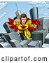 Vector Illustration of Pop Art Comic Male Super Hero Flying Forward over a City by AtStockIllustration