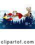 Vector Illustration of Reindeer Flying with Santa in a Rocket over Evergreens with Snowflakes by AtStockIllustration