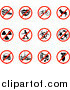 Vector Illustration of Restriction Icons Showing Heelies Shoes, Talking, Bicycle, Dog, Waste, Skateboarding, Biohazard, Soccer, Parking, Walking on Grass, Noise, and a Bomb by AtStockIllustration