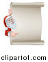 Vector Illustration of Santa Claus Pointing Around a Blank Christmas Scroll Sign by AtStockIllustration