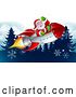 Vector Illustration of Santa Riding in a Rocket over Evergreen Trees and Snowflakes by AtStockIllustration