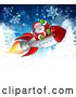 Vector Illustration of Santa Riding in a Rocket over Trees and Snowflakes by AtStockIllustration