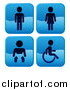 Vector Illustration of Shiny Blue Square Male, Female, Baby and Handicap Bathroom Icons by AtStockIllustration