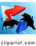 Vector Illustration of Silhouetted Bear Vs Bull Stock Market Design with Arrows over a Graph by AtStockIllustration