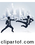 Vector Illustration of Silhouetted Business Men Kung Fu Fighting over a City by AtStockIllustration