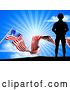 Vector Illustration of Silhouetted Full Length Military Soldier over an American Flag and Sky by AtStockIllustration