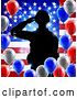 Vector Illustration of Silhouetted Male Military Veteran Saluting over an American Flag and Balloons by AtStockIllustration