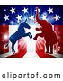 Vector Illustration of Silhouetted Rearing Political Democratic Donkey and Republican Elephant over an American Design and Burst by AtStockIllustration