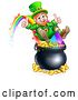 Vector Illustration of St Patricks Day Leprechaun Giving Two Thumbs Up, Riding a Rainbow to the Top of a Pot of Gold by AtStockIllustration