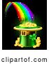 Vector Illustration of St Patricks Day Leprechaun Hat Full of Gold Coins at the End of a Rainbow, on Black by AtStockIllustration