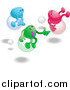 Vector Illustration of Three Bean Characters, One Blue, Green and Pink, Racing Eachother While Bouncing on Balls Clipart Illustration by AtStockIllustration