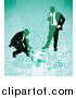 Vector Illustration of Two Businessmen Completing a Green Jigsaw Puzzle Together by AtStockIllustration