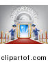 Vector Illustration of Welcoming Door Men at an Entry with a Red Carpet and Posts Under Opportunity Text by AtStockIllustration