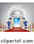 Vector Illustration of Welcoming Door Men at an Entry with a Red Carpet and Posts Under Perfect Job Text by AtStockIllustration