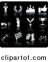 Vector Illustration of White Champion, Laurel, Winner, Thumbs Up, Handshake, Peace Gesture, Medal, Trophy, Champagne, Flag, Number 1 and Toasting Wine Glasses Sports Icons on a Black Background by AtStockIllustration