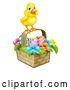 Vector Illustration of Yellow Chick on a Basket with Easter Eggs and Flowers by AtStockIllustration