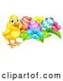 Vector Illustration of Yellow Chick with Easter Eggs and Flowers by AtStockIllustration